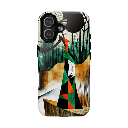 Abstract forest crane phone case by Printify, featuring a tough magnetic protective cover with nature-inspired design.